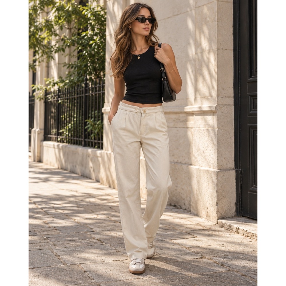 Crescent Cream Linen Blend High Waisted Straight Leg Pants  Medium